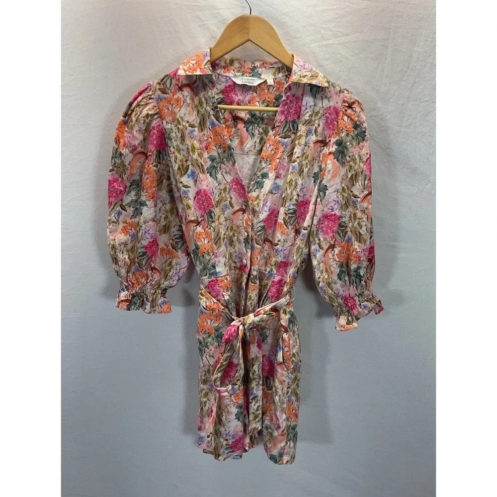 & Other Stories Pink Floral Linen Puff Sleeve Belted Romper Size 6 Casual Travel